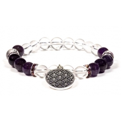 Bracelet cristal de roche et améthyste avec fleur de vie