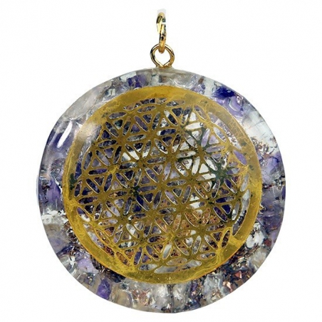 Pendentif en orgonite Fleur de vie avec améthyste et cristal de roche