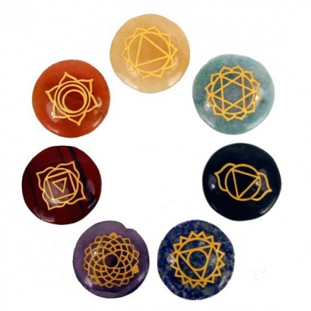 Set 7 Chakra ronde edelstenen met symbolen 16438