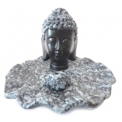 Incense holder-Buddha head black/grey cracele dish