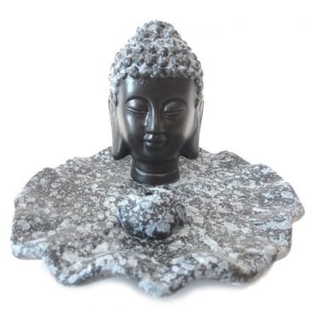 Incense holder-Buddha head black/grey cracele dish