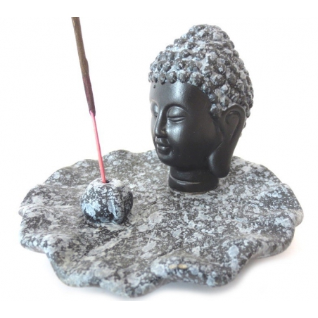 Incense holder-Buddha head black/grey cracele dish