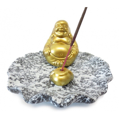 Incense holder - Golden Smiling Buddha on gray dish