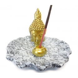 Räucherstäbchenhalter - Golden Thai Buddha Kopf auf grauem Teller