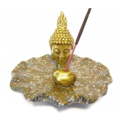 Wierookhouder - Gouden Thaise Boeddhahoofd op bruin schaaltje