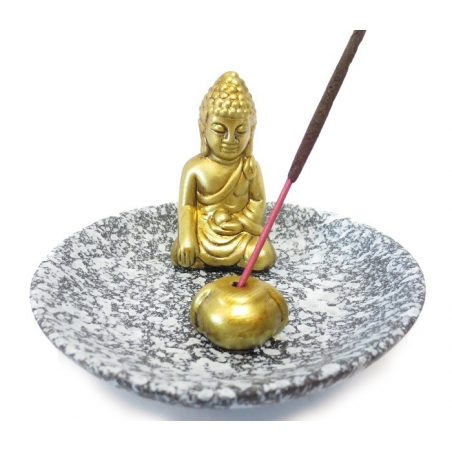 Räucherstäbchenhalter - Goldfarbener Buddha auf einer grauem Schale