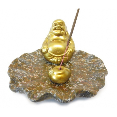 Wierookhouder - Gouden Lachende Boeddha op bruin schaaltje
