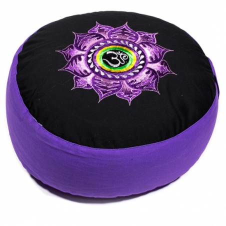 Meditatiekussen zwart/violet lotus & OHM geborduurd (8009)