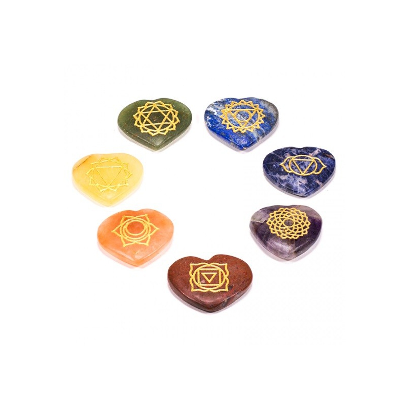 Set 7 Chakra symbolen mineraalstenen - hartvorm (16439)