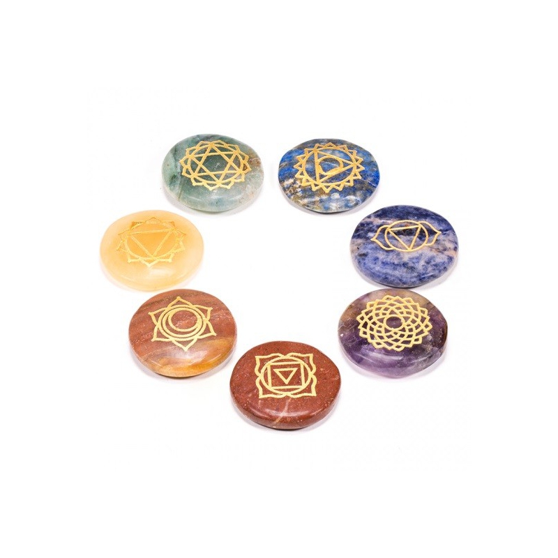Set of 7 Chakra symbols mineral stones round 16438