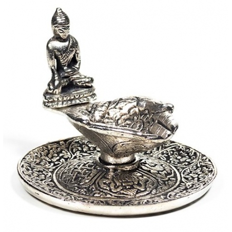 Silberfarbener Weihrauchbrenner, der Hände mit Buddha anbietet